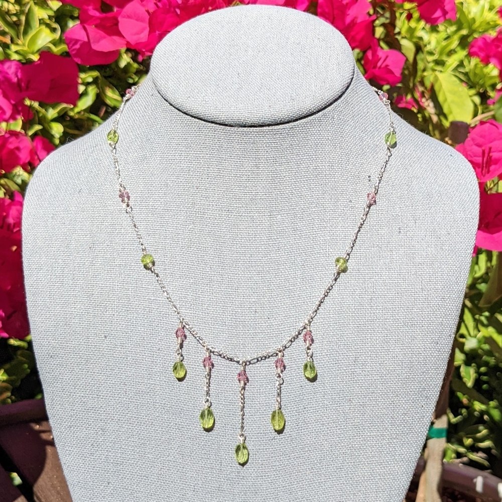 Sterling Silver Necklace w/ Peridot and Light Rose Pink Swarovski Crystals